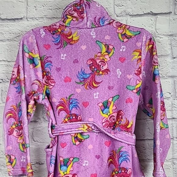 Trolls Girl's 10/12 Poppy Minky Plush Fleece Bathrobe Pink Robe Pockets Belted - Picture 8 of 8